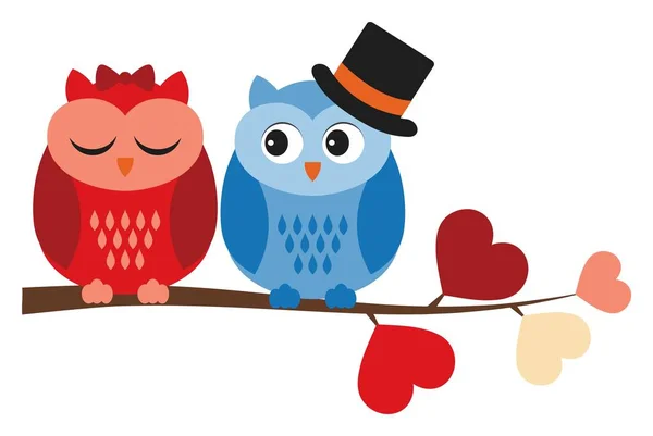 Cute Owls in Love Sitting On Branch with Heart Shape Leaves. Vector Couple of Sweet Owls — Stock Vector