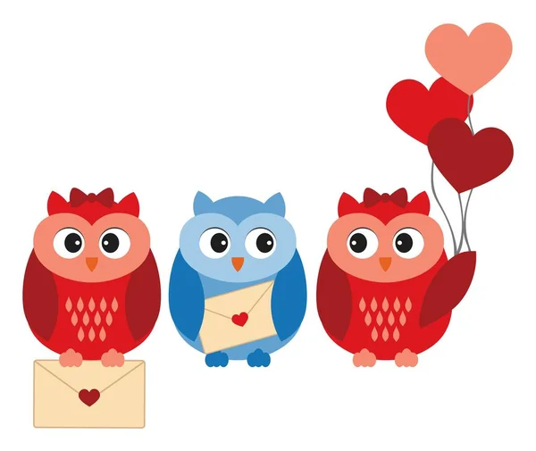 Χαριτωμένα κουκουβάγιες στην αγάπη κρατώντας καρδιά σχήμα αερόστατα αέρα και επιστολή αγάπης. Βέκτορ Γλυκές Κουκουβάγιες — Διανυσματικό Αρχείο
