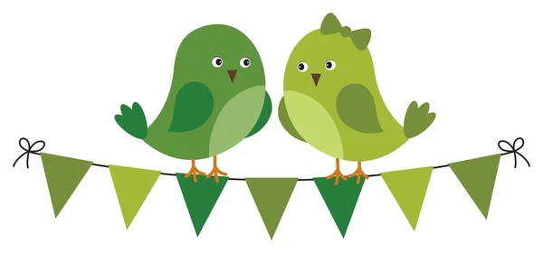 Pássaros verdes bonitos sentados em bandeiras Bunting. Vector St. Patrick Birds in Love — Vetor de Stock