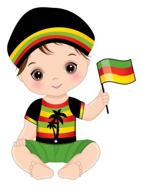 Sevimli küçük Reggae Bebeği Bayrak Tutuyor. Vektör Reggae Bebek Oğlan