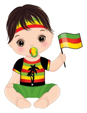 Emzik Tutucu Bayrağı olan şirin küçük Reggae bebeği. Vektör Reggae Bebek Oğlan