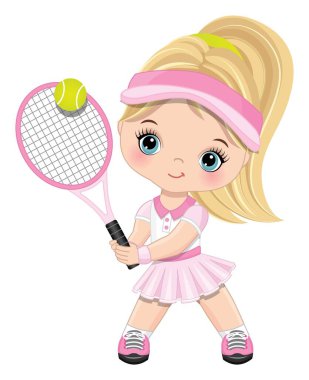 Pembe Giyen Şirin Sarışın Kız ve Tenis oynayan Beyaz Spor Kıyafeti. Vektör Küçük Tenis Oyuncusu