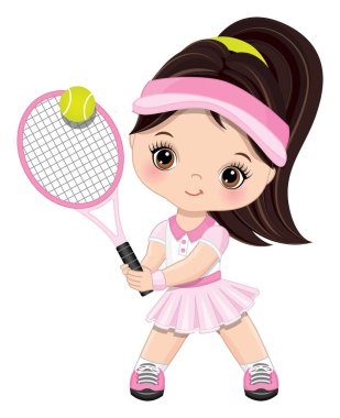 Pembe Giyen ve Tenis Oynayan Beyaz Spor Kıyafeti Giyen Şirin Küçük Kız. Vektör Küçük Tenis Oyuncusu
