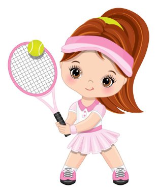 Pembe Giyen ve Tenis Oynayan Beyaz Spor Kıyafeti Giyen Şirin Küçük Kız. Vektör Küçük Tenis Oyuncusu