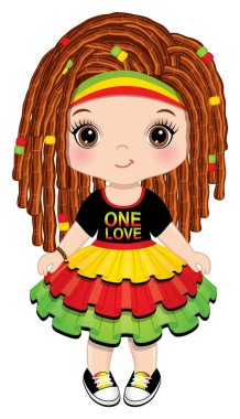Rastafarian elbiseli, Dreadlocks 'lu şirin küçük Reggae kızı. Vektör Reggae Kızı