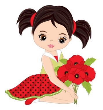 Beautiful Cute Girl Holding Bouquet of Red Poppies. Vector Dark-Haired Girl with Poppies vector