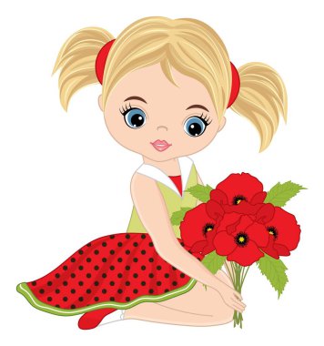 Beautiful Cute Girl Holding Bouquet of Red Poppies. Vector Blond Girl with Poppies vector