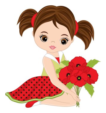 Beautiful Cute Girl Holding Bouquet of Red Poppies. Vector Brunette Girl with Poppies vector