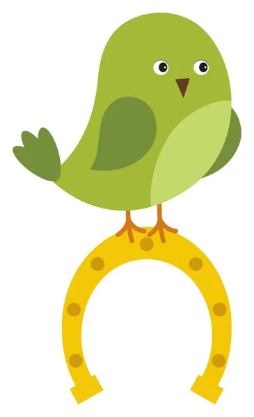 Cute Green St. Patrick Bird siedzi na szczycie podkowy. Ptak-wektor — Wektor stockowy