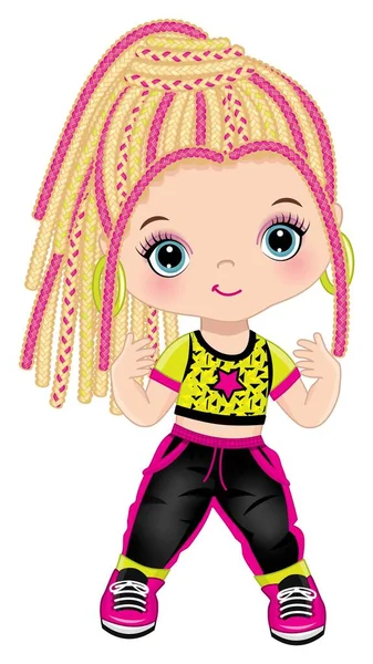 Χαριτωμένο κοριτσάκι με πλεκτά μαλλιά που χορεύει χιπ χοπ. Διάνυσμα Hip Hop κορίτσι — Διανυσματικό Αρχείο
