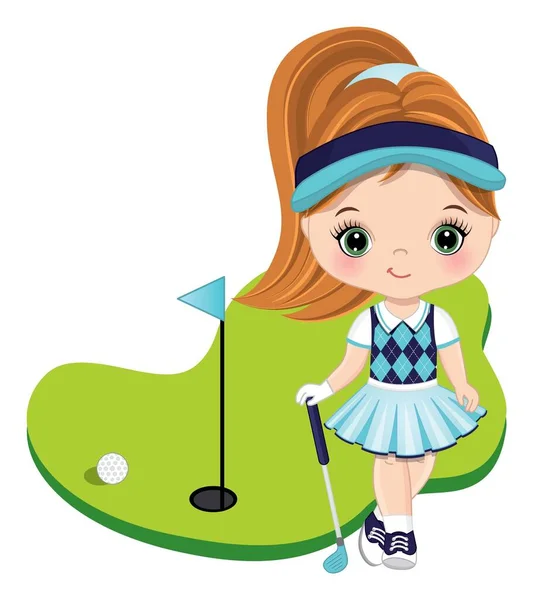 可爱的红头发小女孩打高尔夫。矢量小高尔夫球手 — 图库矢量图片