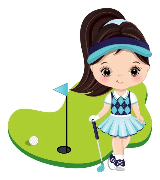 可爱的红头发小女孩打高尔夫。矢量小高尔夫球手 — 图库矢量图片