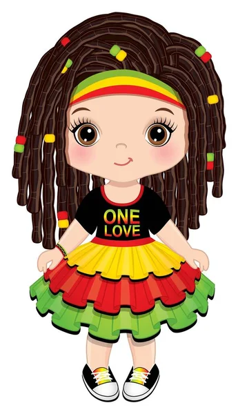 Χαριτωμένο μικρό Reggae κορίτσι με Dreadlocks φορώντας Rastafarian φόρεμα. Κορίτσι Vector Reggae — Διανυσματικό Αρχείο