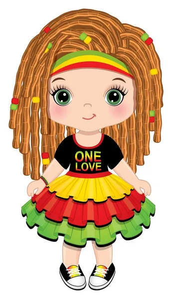 Χαριτωμένο μικρό Reggae κορίτσι με Dreadlocks φορώντας Rastafarian φόρεμα. Κορίτσι Vector Reggae — Διανυσματικό Αρχείο