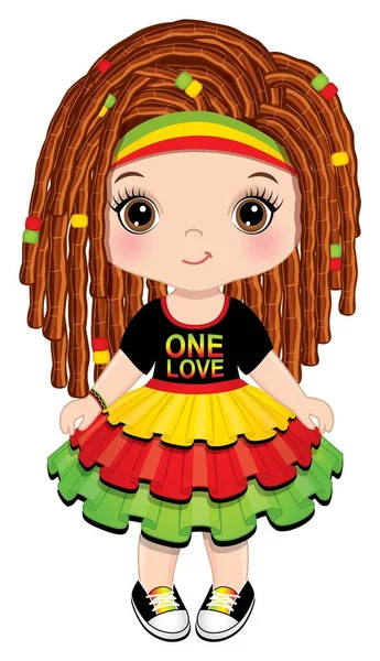 Menina bonito pequeno Reggae com Dreadlocks vestindo vestido rastafariano. Vetor Reggae menina — Vetor de Stock