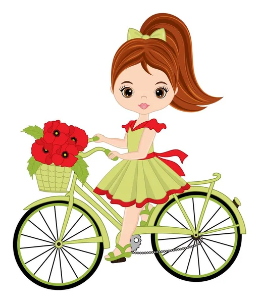 Kırmızı gelinciklerle dolu sepeti olan Bisikletli Güzel Kız. Gelincikli Vektör Genç Kız — Stok Vektör