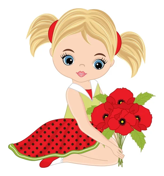 Hermosa linda chica sosteniendo ramo de amapolas rojas. Vector chica rubia con amapolas — Vector de stock