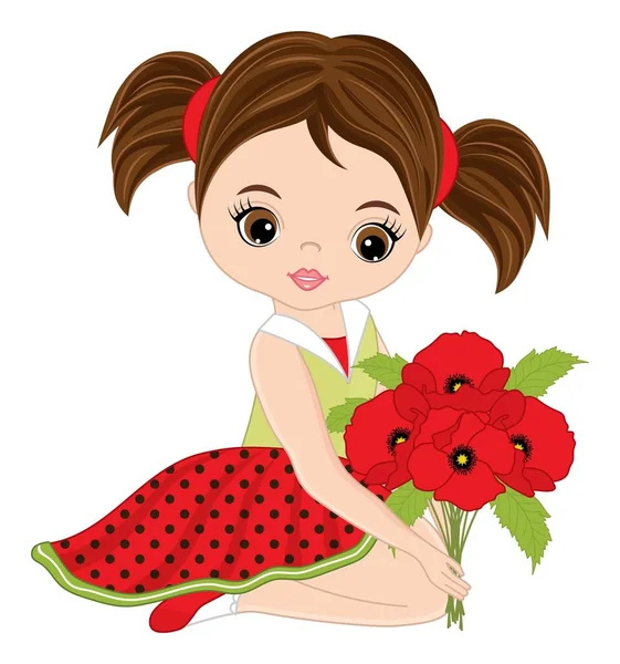 Beautiful Cute Girl Holding Bouquet of Red Poppies. Vector Brunette Girl with Poppies — Stock Vector