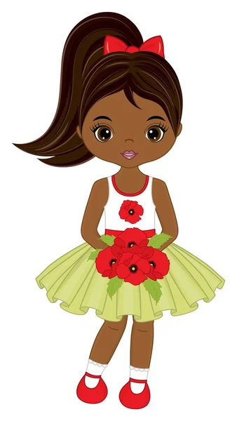 Linda menina afro-americana bonito segurando buquê de papoilas vermelhas. Vector menina negra com papoilas — Vetor de Stock