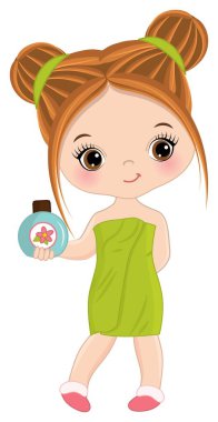 Havluya sarılı şirin kızıl saçlı spa kızı. Vektör Küçük Spa Kızı 