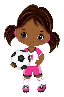 Cute Little Soccer African American Girl Holding Ball. Vector Black Girl with Soccer Ball vector