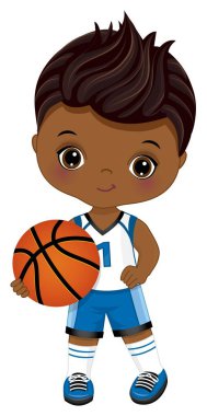 Basketbol oynayan tatlı Afrikalı Amerikalı çocuk. Vektör Siyah Basketbol Oyuncusu