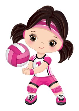 Cute Little Girl Playing Volleyball. Vector Little Volleyball Player vector