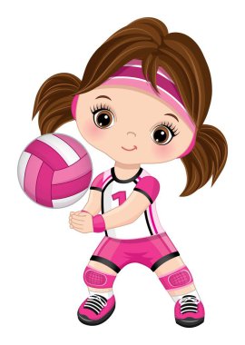 Cute Little Girl Playing Volleyball. Vector Little Volleyball Player vector