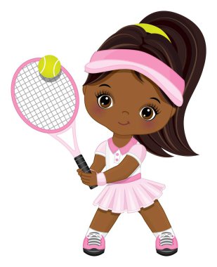 Pembe Giyen, Beyaz Spor Kıyafeti Giyen Tenis Oynayan Şirin Küçük Siyah Kız. Vektör Küçük Tenis Oyuncusu