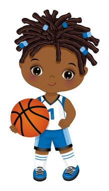 Cute Little African American Boy Playing Basketball. Vector Black Basketball Player clipart