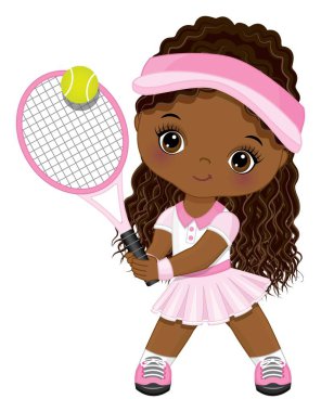 Pembe Giyen, Beyaz Spor Kıyafeti Giyen Tenis Oynayan Şirin Küçük Siyah Kız. Vektör Küçük Tenis Oyuncusu