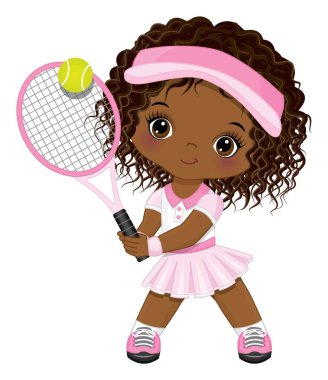 Pembe Giyen, Beyaz Spor Kıyafeti Giyen Tenis Oynayan Şirin Küçük Siyah Kız. Vektör Küçük Tenis Oyuncusu