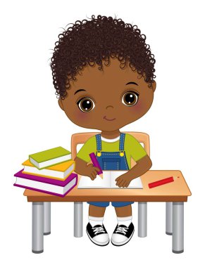 Masada oturan tatlı Afrikalı Amerikalı çocuk. Vektör Küçük Okul Çocuğu