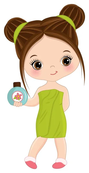 Cute Little Brunette Spa Girl zawinięte w ręcznik. Wektor Mała dziewczynka Spa — Wektor stockowy