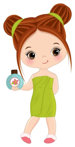 Χαριτωμένο μικρό κοκκινομάλλικο κορίτσι του σπα τυλιγμένο σε πετσέτα. Διάνυσμα μικρό κορίτσι Spa — Διανυσματικό Αρχείο