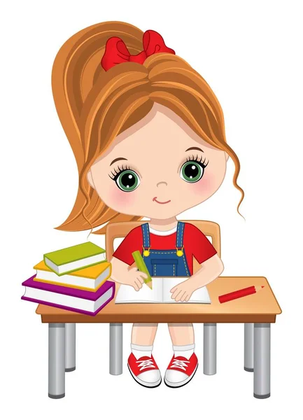 Schattig klein Brunette meisje zit aan de balie. Vector kleine school meisje — Stockvector