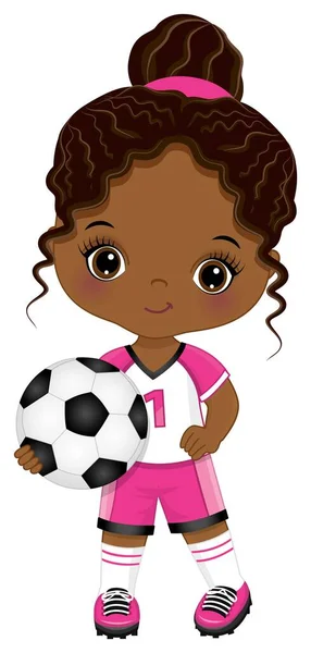 Cute Little Soccer African American Girl Holding Ball. Vector menina preta com bola de futebol — Vetor de Stock