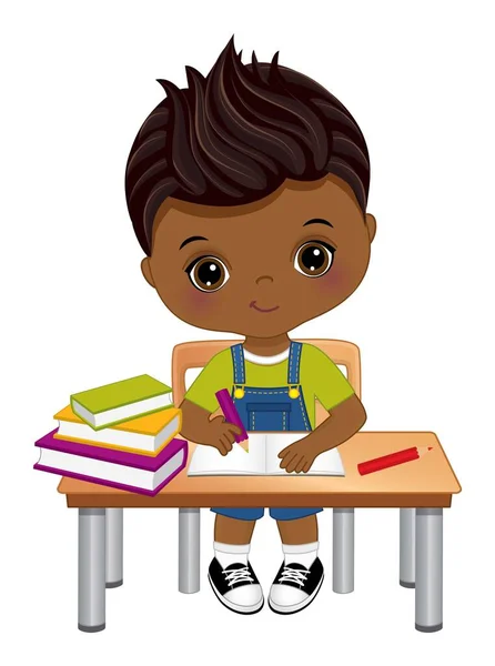 Słodki Afroamerykanin siedzący przy biurku. Wektor Mały Chłopiec ze szkoły — Wektor stockowy