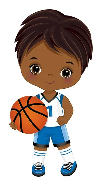 Leuke kleine Afro-Amerikaanse jongen die basketbal speelt. Vector zwarte basketbalspeler — Stockvector