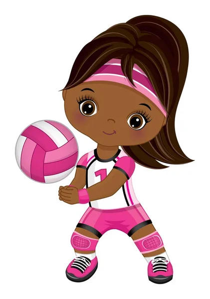 Мила маленька афроамериканська дівчинка, яка грає у волейбол. Векторний маленький чорний гравець у волейбол — стоковий вектор