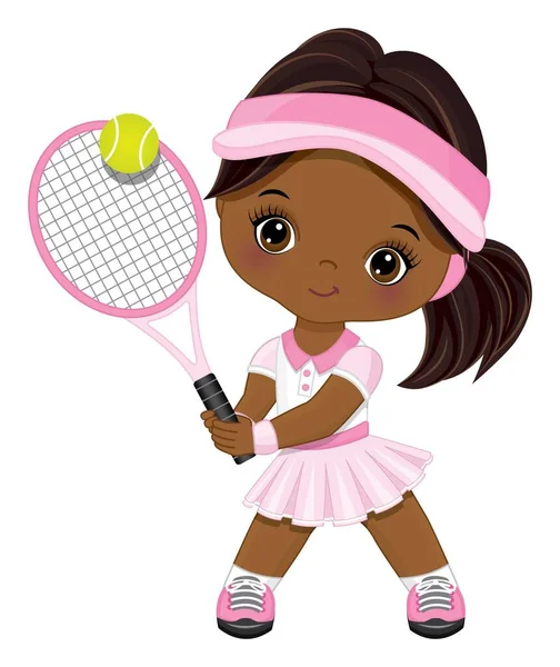 핑크 앤 화이트 스포츠 아웃핏을 입은 귀여운 흑인 소녀가 테니스를 치고 있다. 벡터작은 테니스 선수 — 스톡 벡터