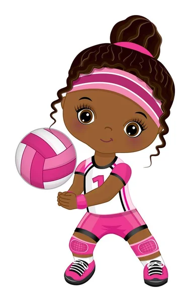 Linda niña afroamericana jugando voleibol. Vector pequeño jugador de voleibol negro — Archivo Imágenes Vectoriales