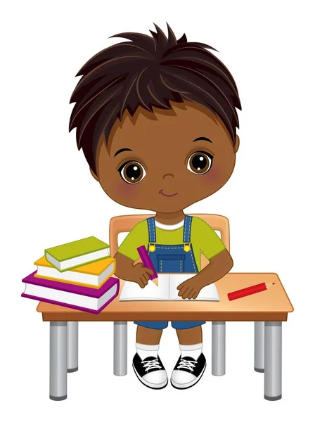 Lindo niño afroamericano sentado en el escritorio. Vector Little School Boy — Vector de stock