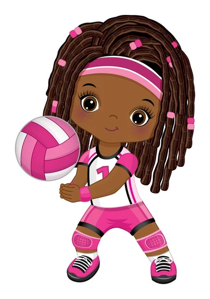 Cute Little African American Girl gra w siatkówkę. Wektor Mały czarny siatkówka gracz — Wektor stockowy