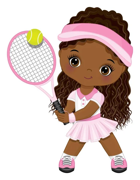 Linda niña negra vestida con ropa deportiva rosa y blanca jugando al tenis. Vector Pequeño jugador de tenis — Archivo Imágenes Vectoriales