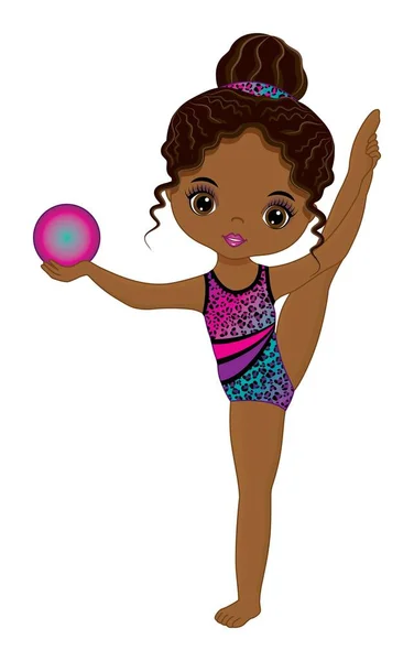 Cute Beautiful African American Performing Rhythmic Gymnastics. Vector Black Gymnast — Stock Vector