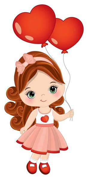Милая рыжеволосая девочка с воздушными шарами в форме сердца. Векторная симпатичная девочка с бантами — стоковый вектор