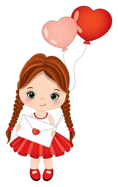 Cute Little Redheaded Girl Holding Heart Shape Air Balloons. Vector Cute Girl with Balloons — Stock Vector