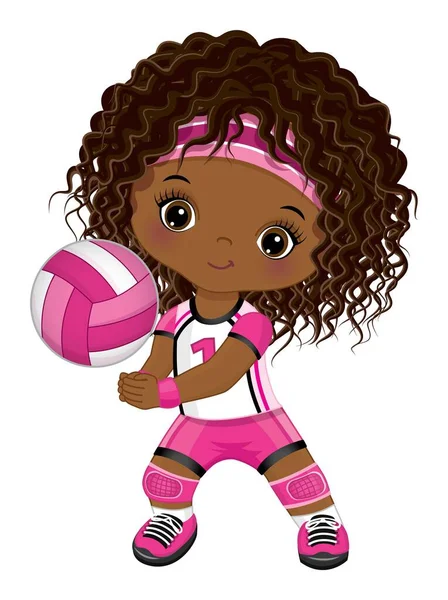 Linda niña afroamericana jugando voleibol. Vector pequeño jugador de voleibol negro — Archivo Imágenes Vectoriales