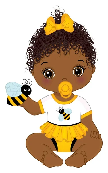 아프리카 계 미국인 아기가 귀여운 벌을 잡고 있다. 산화제를 가진 반사기검은 아기 — 스톡 벡터